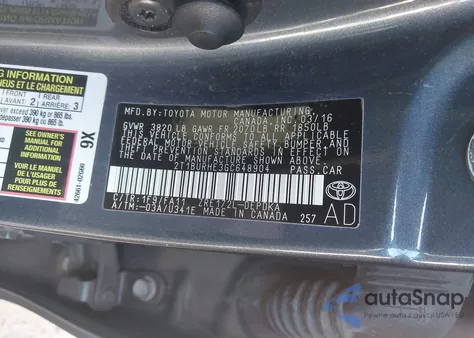 2016 Toyota Corolla L из США, поврежденный, VIN 2T1BURHE3GC648904